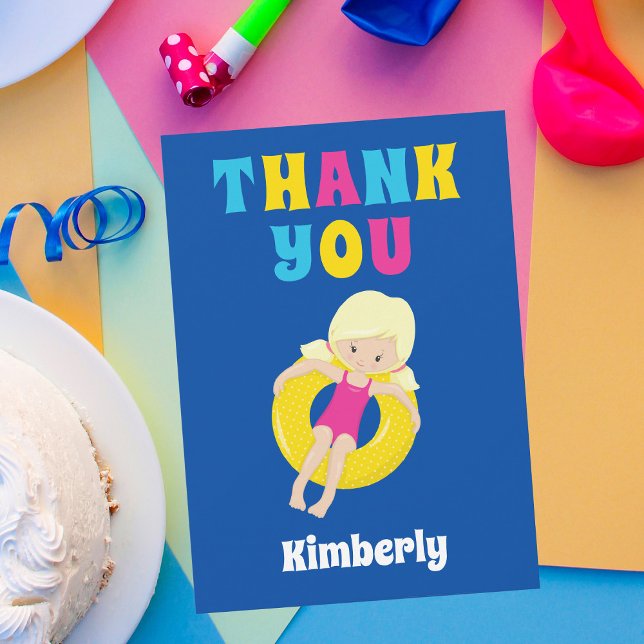 Cute Swimming Pool Blonde Girl Custom Kids Blue Thank You Card (Creator Uploaded)