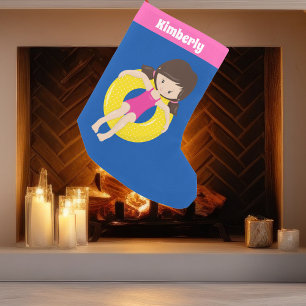 Cute Swimming Pool Girl Custom Pink Blue Small Christmas Stocking