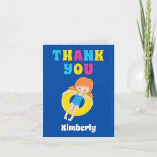 Cute Swimming Pool Redhead Girl Personalised Kids Thank You Card