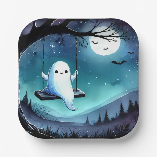 Cute Swinging Ghost Paper Plate (Front)