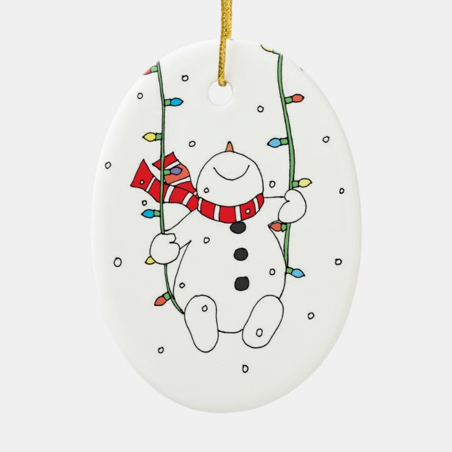 Cute Swinging Snowman Ceramic Ornament (Front)