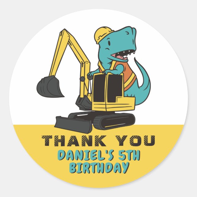 Cute T-Rex And Excavator Kids Birthday Party Classic Round Sticker (Front)