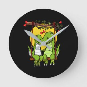 Cute T-Rex Dinosaur Couple Round Clock