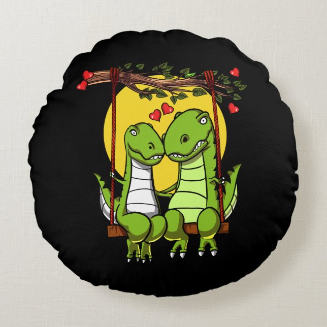Cute T-Rex Dinosaur Couple Round Cushion (Front)