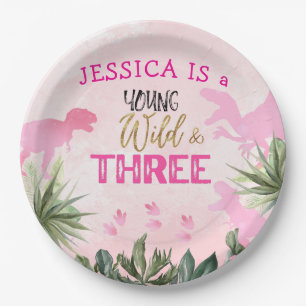 Cute T Rex Dinosaur Girl 3rd Birthday Party Paper Plate