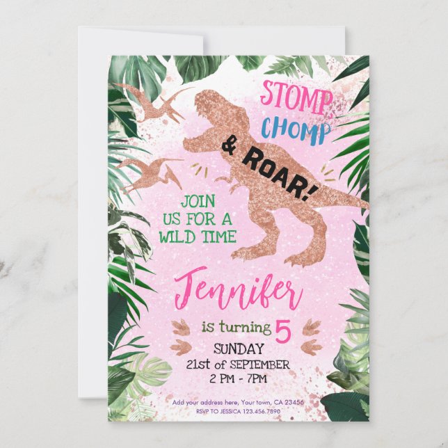 Cute T Rex Dinosaur Girl Birthday Party Invitation (Front)