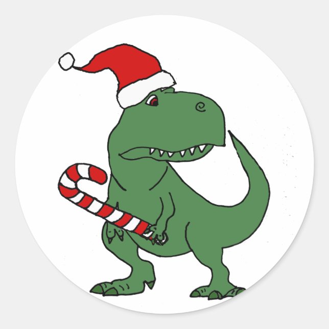 Cute T-rex Dinosaur in Santa Hat Christmas Art Classic Round Sticker (Front)