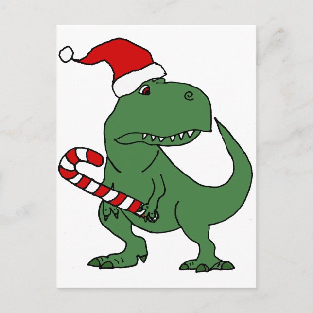 Cute T-rex Dinosaur in Santa Hat Christmas Art Holiday Postcard (Front)