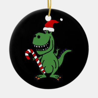 Cute T-rex Dinosaur in Santa Hat with Candy Cane Ceramic Ornament