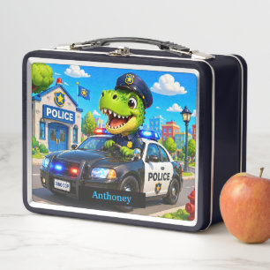 Cute T Rex Dinosaur Police Car Kids  Metal Lunch Box