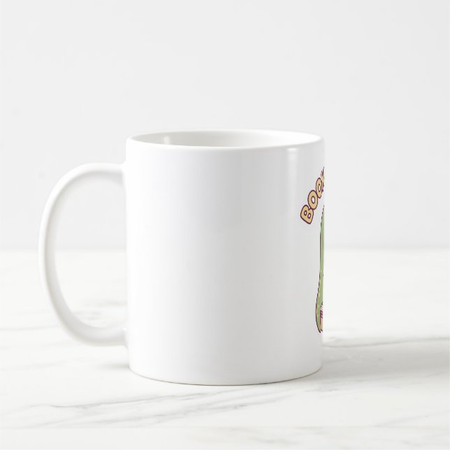 Cute T-rex Dinosaur Reading A Book Bookasaurus Fun Coffee Mug (Left)