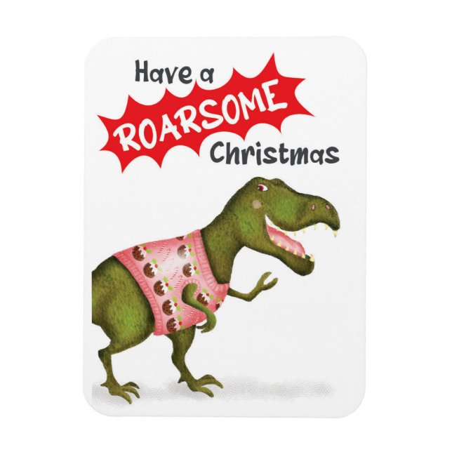 Cute T.rex dinosaur 'Roarsome Christmas' magnet (Vertical)