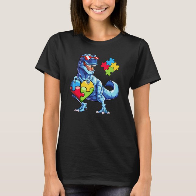 Cute T Rex Dinosaur Sunglasses Autism Awareness Bo T-Shirt (Front)