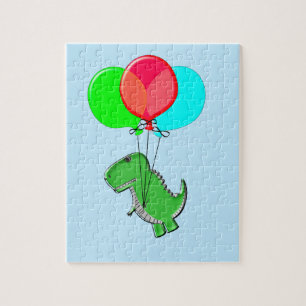Cute T-Rex Flying With Balloons In Blue Sky Jigsaw Puzzle