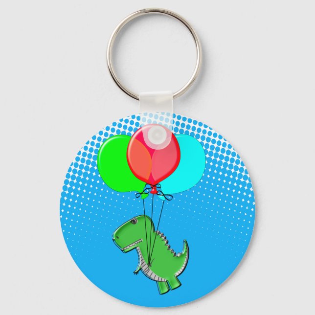 Cute T-Rex Flying With Balloons In Blue Sky Key Ring (Front)