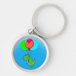 Cute T-Rex Flying With Balloons In Blue Sky Key Ring