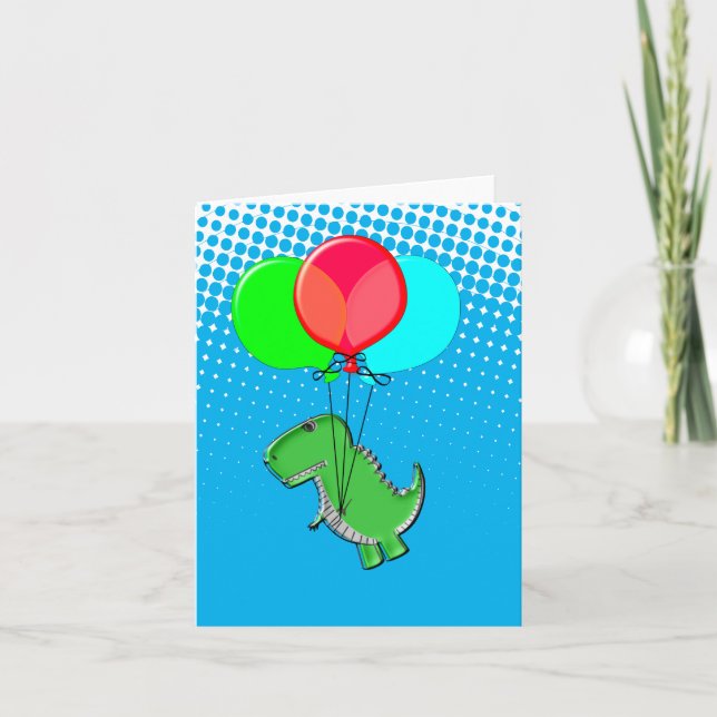 Cute T-Rex Flying With Balloons In Blue Sky Note Card (Front)