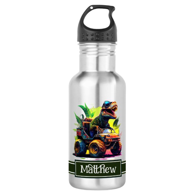 Cute T-Rex Riding Monster Truck Dinosaur Name 532 Ml Water Bottle (Front)