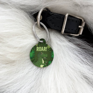 Cute T-rex With Green Tropical Plants Roar Text Pet Tag