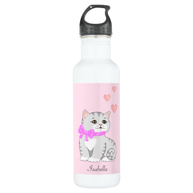 Cute Tabby Cat and Hearts on Pink 710 Ml Water Bottle (Front)