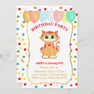 Cute Tabby Cat, Balloons and Confetti Birthday Invitation