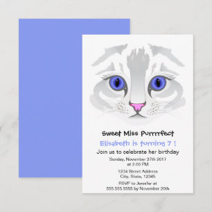 Cute tabby cat cartoon blue girl birthday party invitation