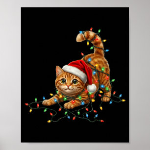 Cute Tabby Cat Christmas Funny Lights Xmas Cat In  Poster
