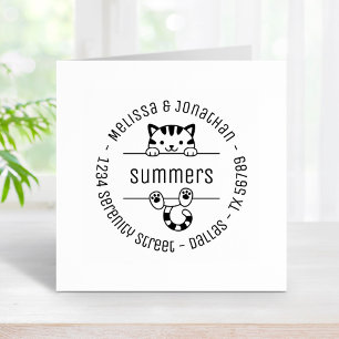 Cute Tabby Cat Couple Family Round Address 2 Rubber Stamp