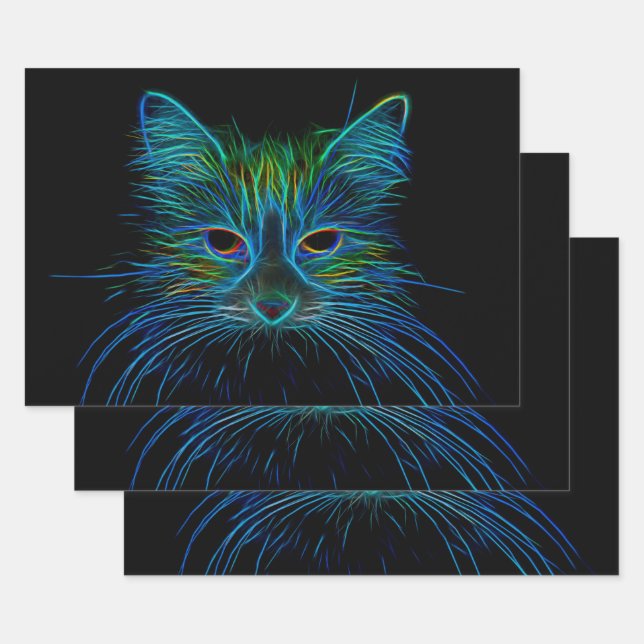 Cute Tabby Cat Design Blue Green Black Pop Art Wrapping Paper Sheet (Set)