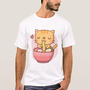 Cute Tabby Cat Eating Ramen Noodles Waves Backgrou T-Shirt