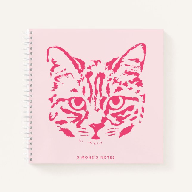 Cute Tabby Cat Face Pink and Red Notebook (Front)