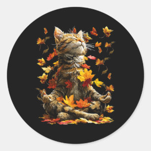 Cute Tabby Cat Fall Leaves Meditating Animal Yoga Classic Round Sticker