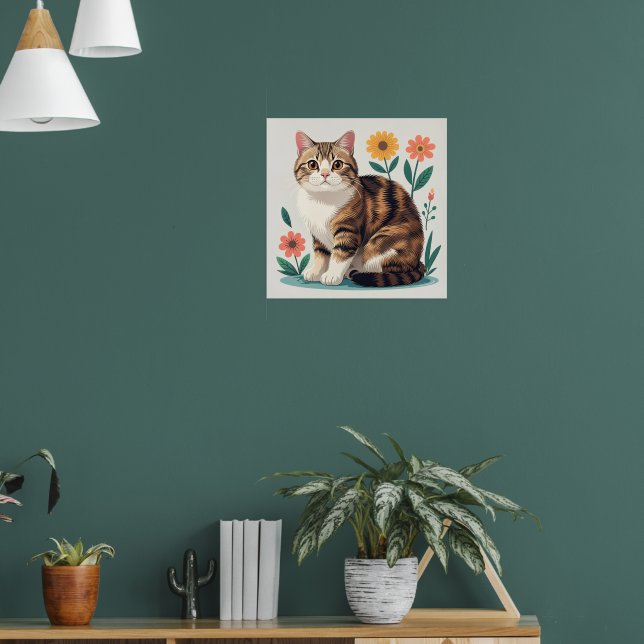 Cute Tabby Cat Floral Folk Art Poster | Whimsical  (Living Room 1)