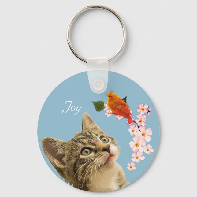 Cute Tabby Cat, Flowers and Red Little Bird Key Ring (Front)