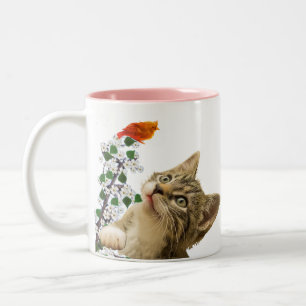 Cute Tabby Cat, Flowers & Little Bird Two-Tone Coffee Mug