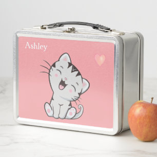 Cute Tabby Cat & Heart on Light Pink Metal Lunch Box