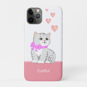 Cute Tabby Cat & Hearts on Pink & White iPhone 11 Pro Case
