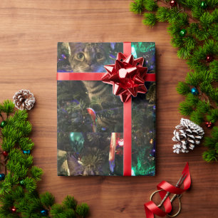 Cute Tabby Cat in Christmas Tree Wrapping Paper