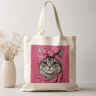 Cute Tabby Cat in Retro Pink Polka Dot Bandanna Tote Bag