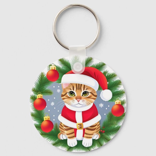Cute Tabby Cat in Santa Outfit Key Ring (Front)