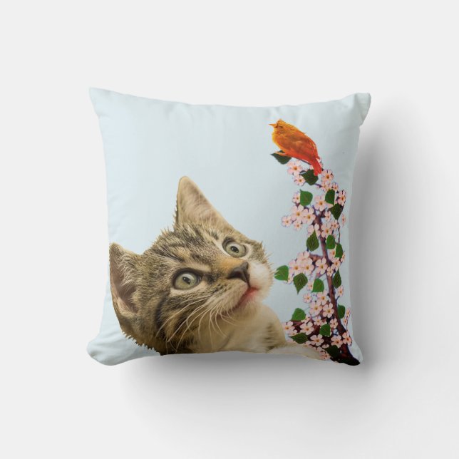 Cute Tabby Cat & Little Bird on Light Blue Cushion (Front)