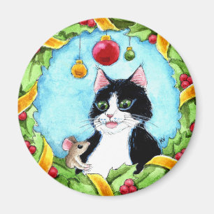 Cute tabby cat, mouse, Christmas winter snow Magnet