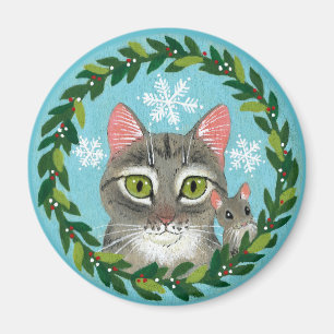 Cute tabby cat, mouse, Christmas winter snow Magnet