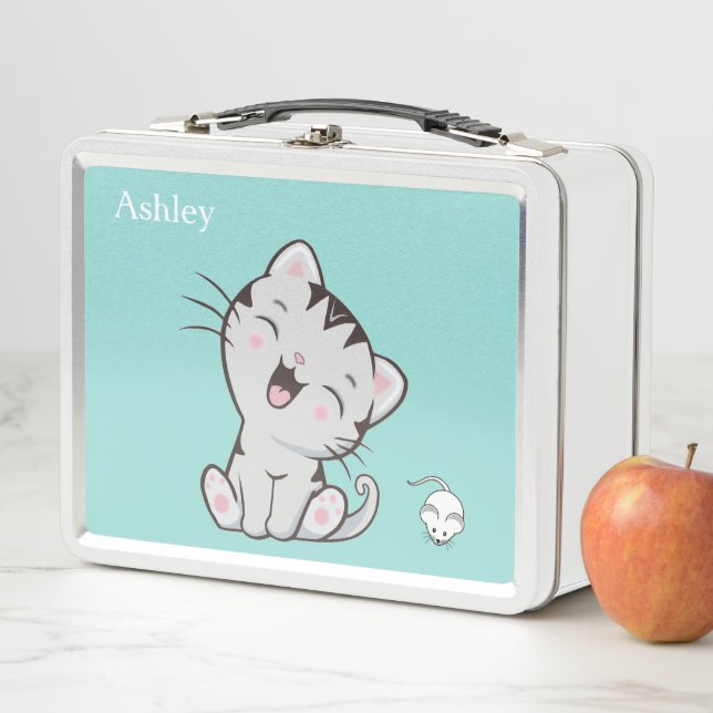 Cute Tabby Cat & Mouse on Light Blue Metal Lunch Box (In Situ)