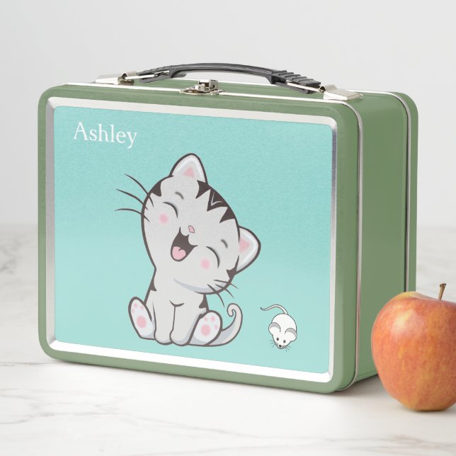 Cute Tabby Cat & Mouse on Light Blue Metal Lunch Box (In Situ)