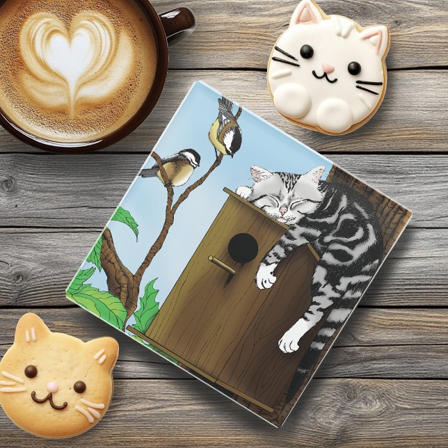 Cute Tabby Cat Napping Birdhouse Funny Glass Coaster (Creator Uploaded)