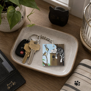 Cute Tabby Cat Napping Birdhouse Funny Key Ring