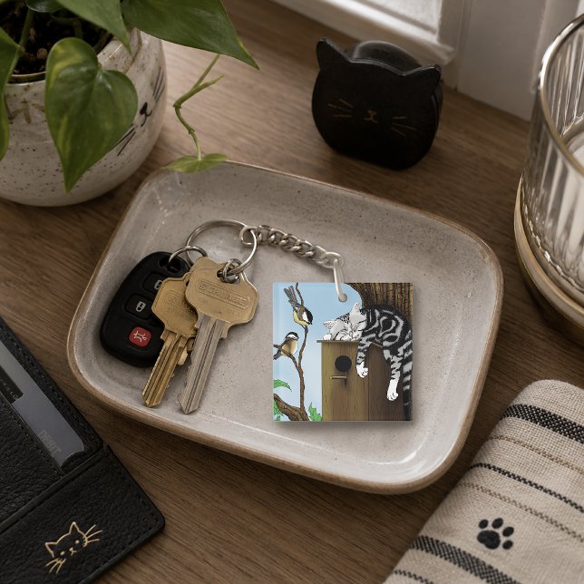 Cute Tabby Cat Napping Birdhouse Funny Key Ring (Creator Uploaded)