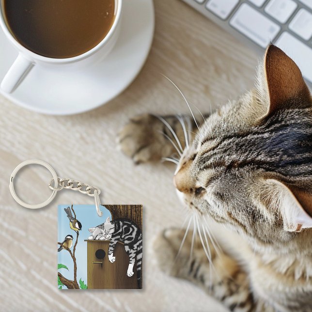 Cute Tabby Cat Napping Birdhouse Funny Key Ring (Creator Uploaded)