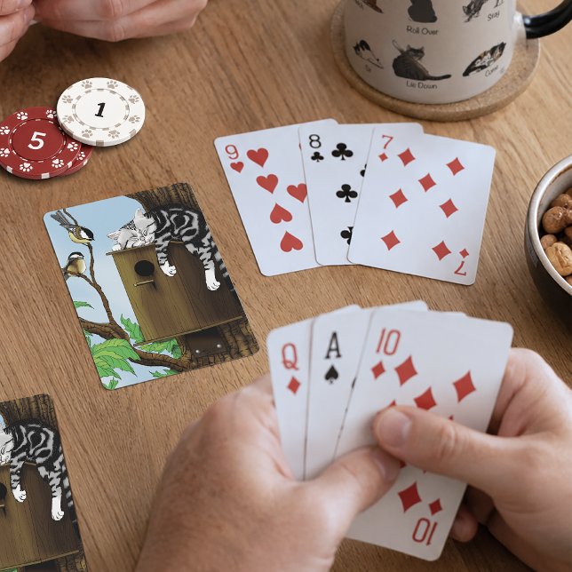 Cute Tabby Cat Napping Birdhouse Funny Playing Cards (Creator Uploaded)